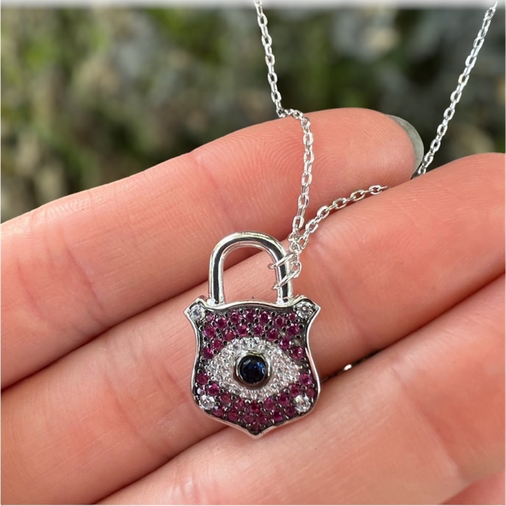 Pink evil eye - lock style,925 Sterling Silver Evil eye necklace